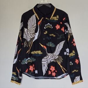 23 Point 5 Clothing Men's Black Button Down Shirt with Crane and Floral Print M